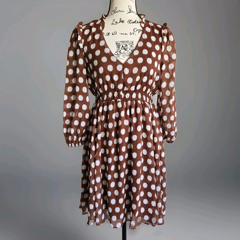 Danny & Nicole Brown & White Polka Dot Long Sleeve Ruffle Dress Size 6 Boho Chic